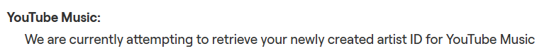 Screenshot of the message displayed when a new artist page creation is pending. 